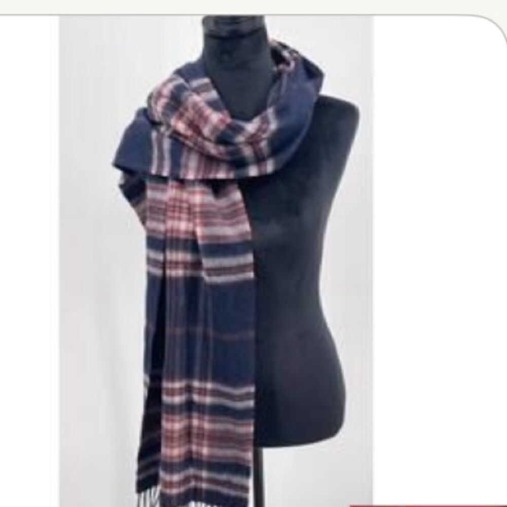 Nordstrom Scarf Fringed Plaid 50% Wool 50% Cashmere Navy Blue Red White 12x73